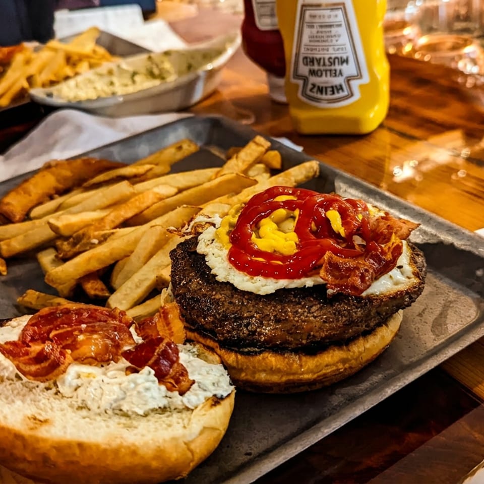 A gourmet burger with bacon, egg, ketchup, and mustard, served with fries on a metal tray.