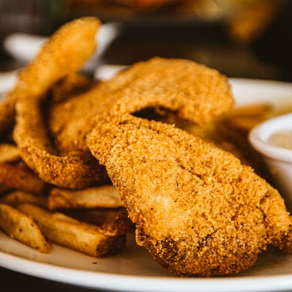 Crispy fried fish fillets and french fries served with a side of dipping sauce on a white plate.