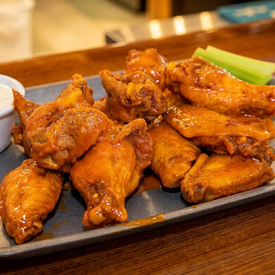 A metal tray of buffalo wings with celery sticks and a side of ranch dressing.