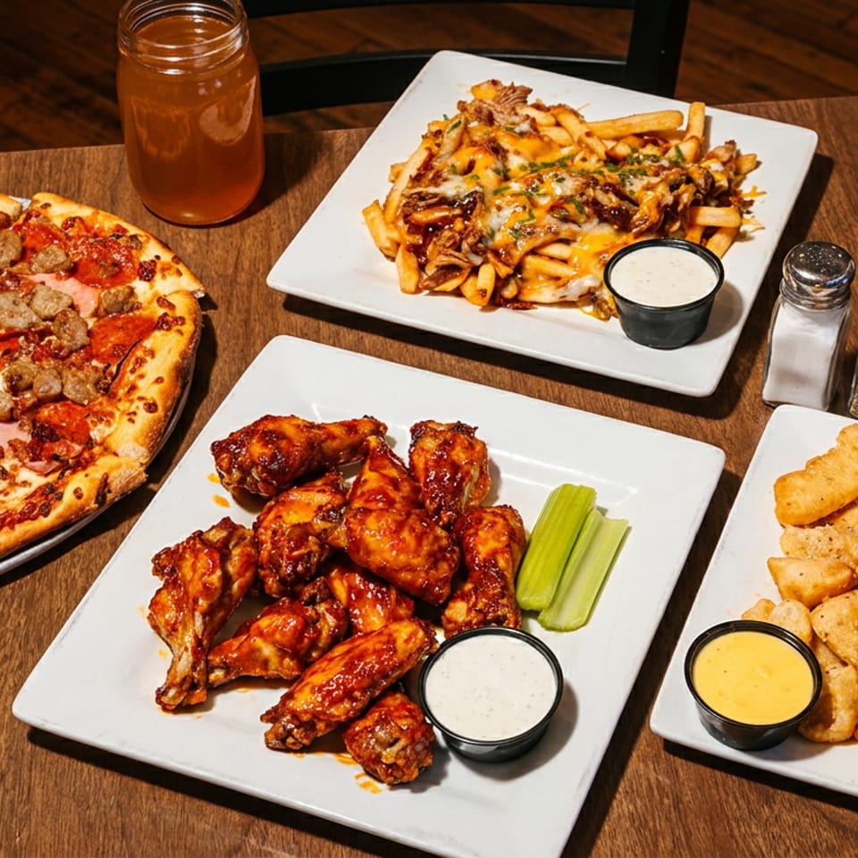 Table spread with pizza, loaded fries, buffalo wings, and fried chicken bites with dipping sauces.