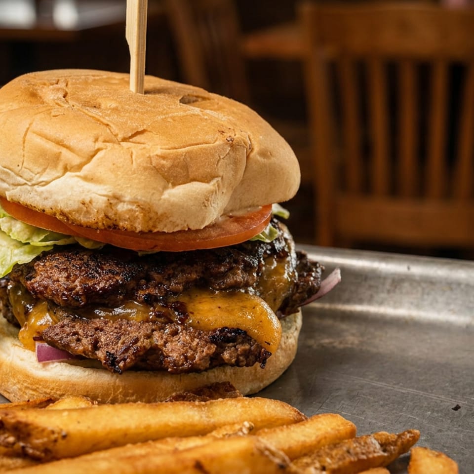 Double cheeseburger with lettuce, tomato, and onion, served with fries on a metal tray.