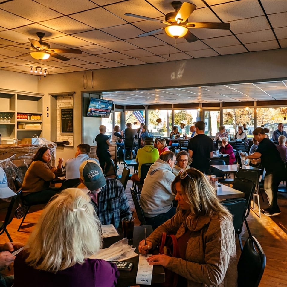 A busy restaurant interior with many patrons dining and staff working, featuring warm lighting and Halloween decorations.