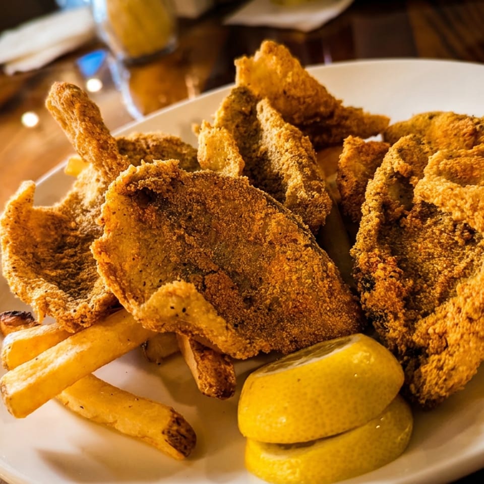 Crispy fried catfish fillets with golden french fries and lemon wedges on a white plate.