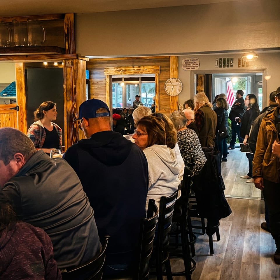 A lively bar scene with patrons seated at a counter and standing, enjoying drinks.